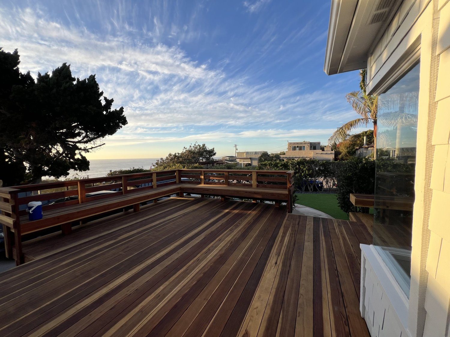 Custom redwood deck with ocean view